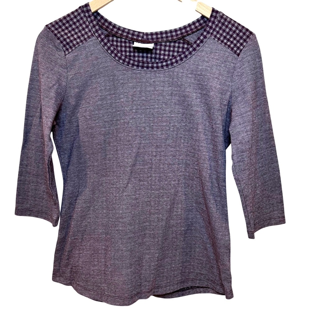 COLUMBIA 3/4 Sleeve Top‎ Women Med Purple Heather Gingham Scoop Neck Activewear